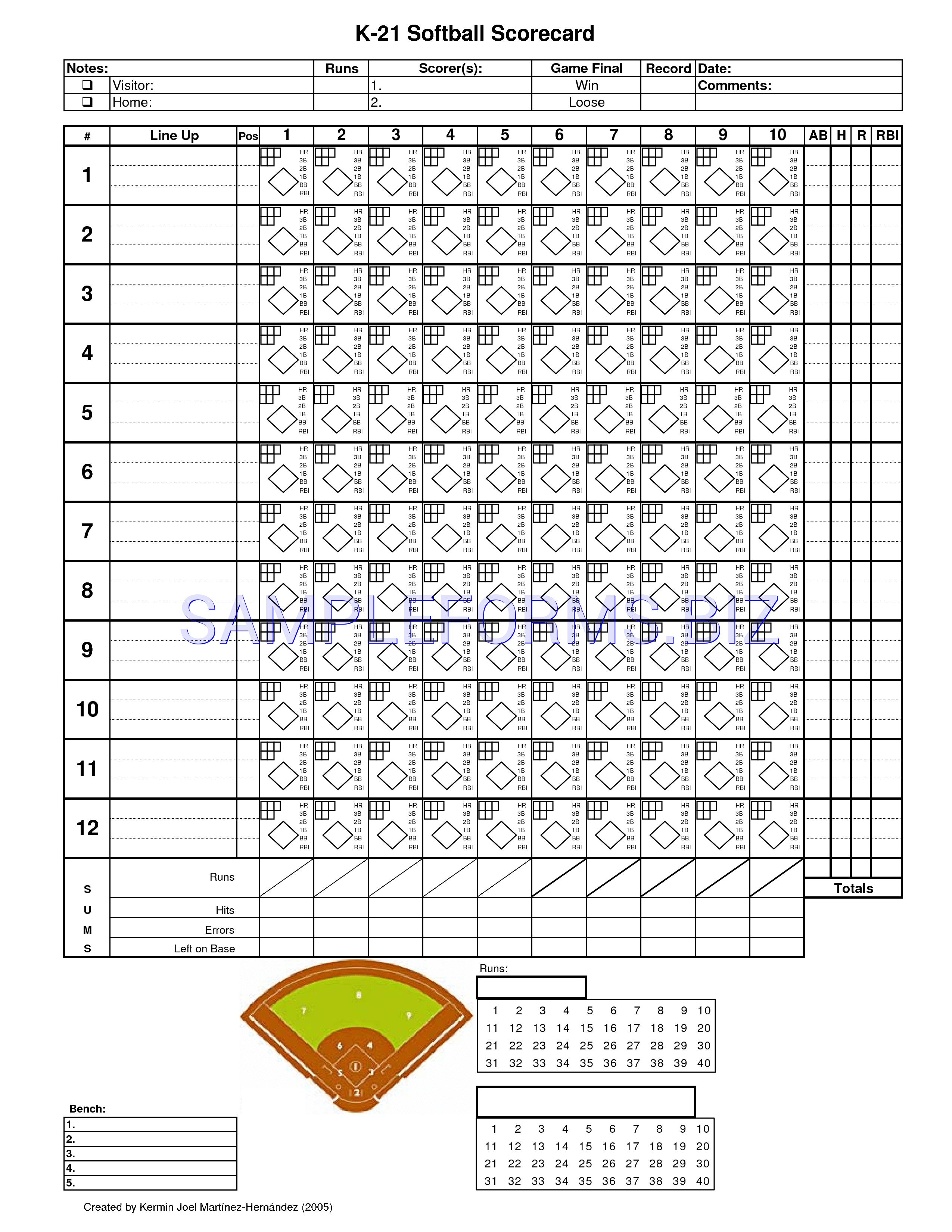 Preview free downloadable Generic Softball Scorecard in PDF (page 1)